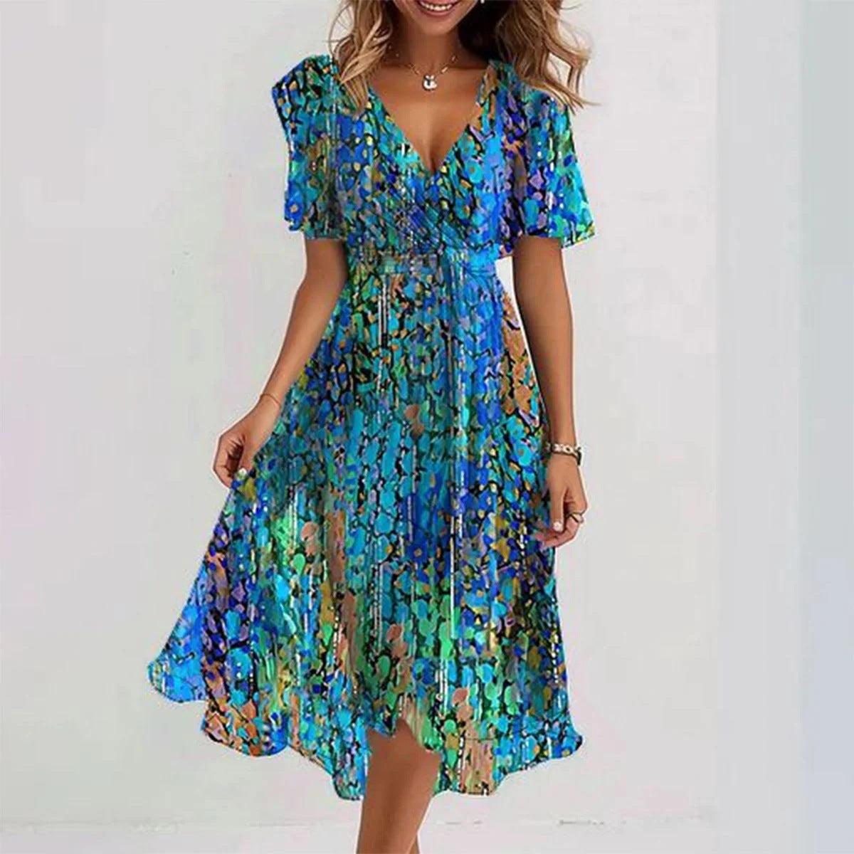 Chiffon Printed Short Sleeve V-neck Dresses