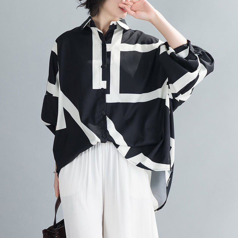 Korean Style Large Size Loose Contrast Printing Mid-length Shirt