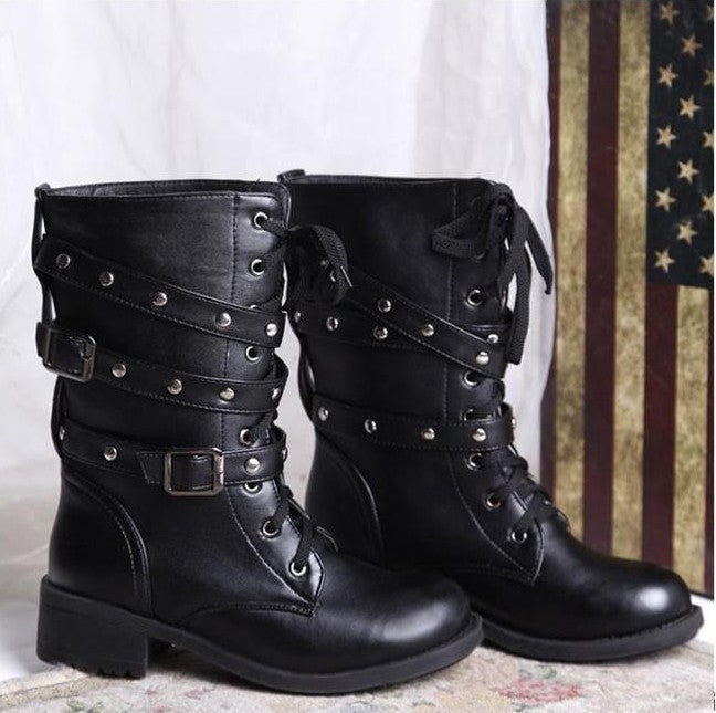 Stylish Mid-Heel Army-Inspired Motorcycle Boots