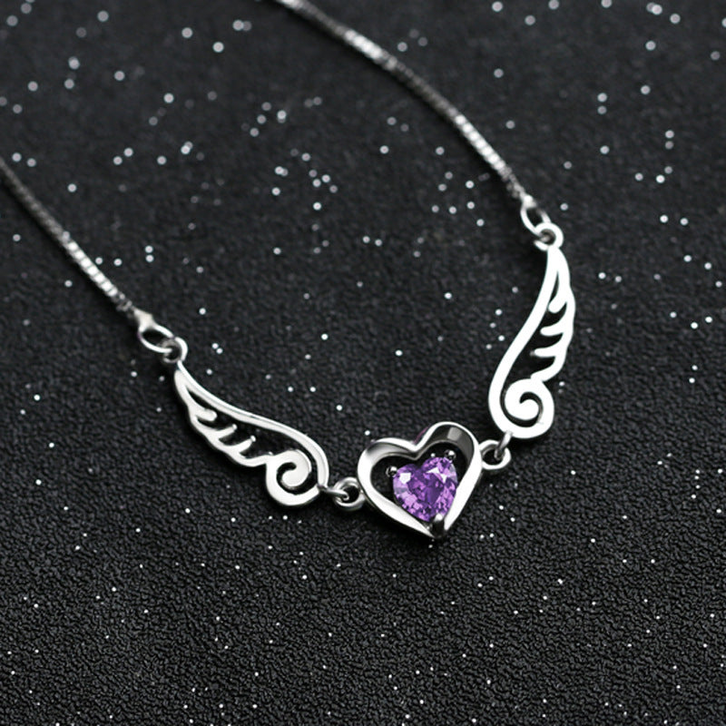 Heartfelt Angel Wings Necklace – Purple Crystal Heart Pendant in Sterling Silver 925