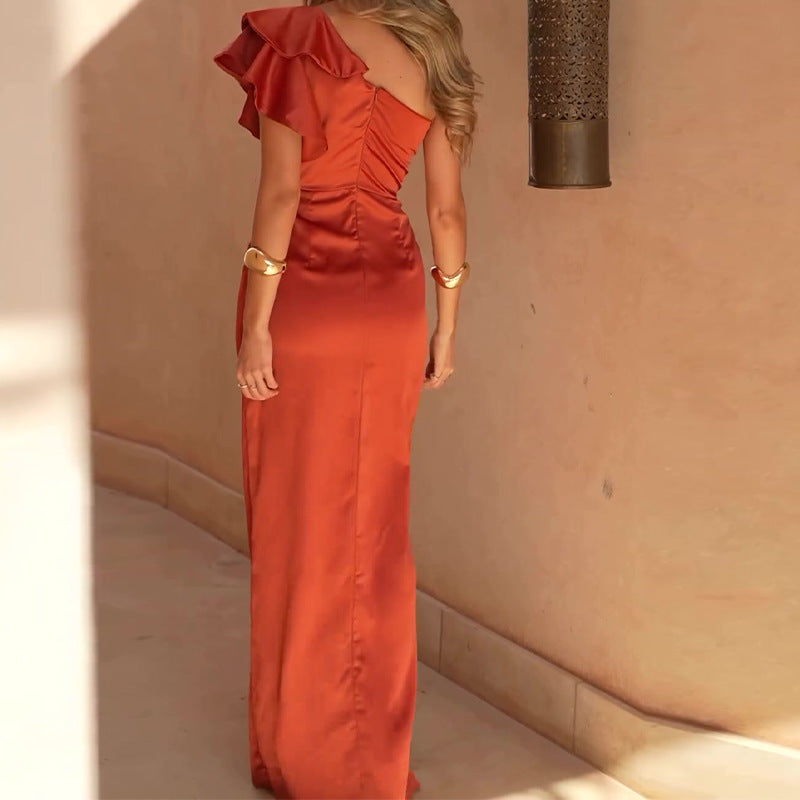 Cross Border Amazon Cross-border Pure Color Ruffles High Waist Crimp Split Dress