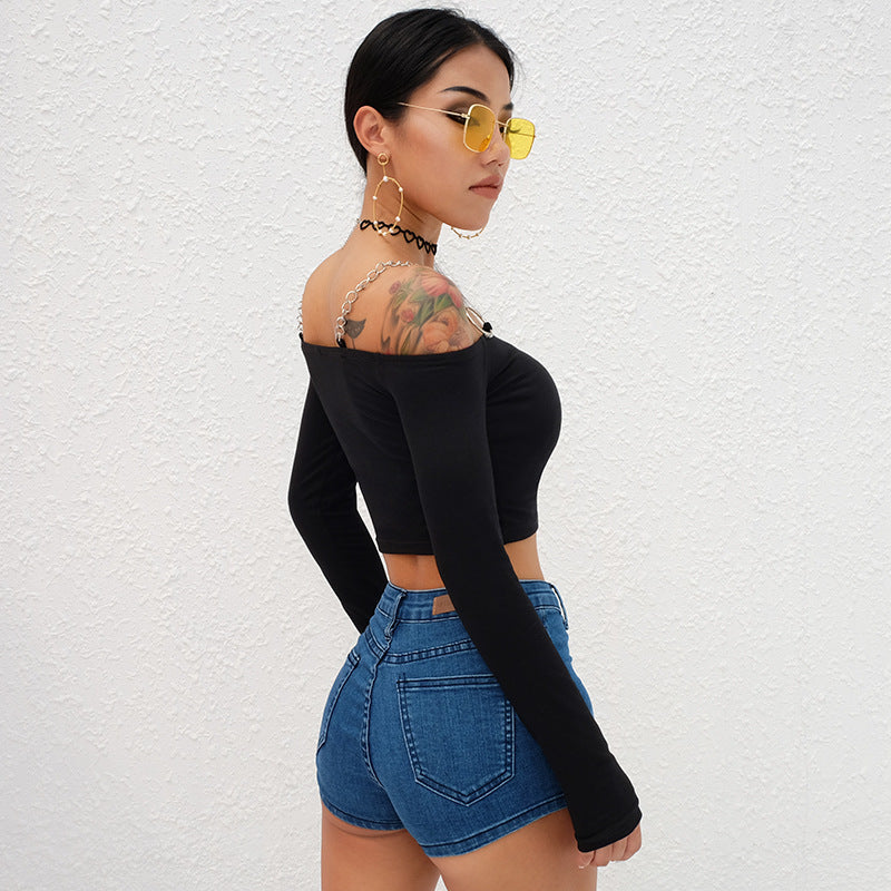 Metal chain sexy word shoulder umbilical short top