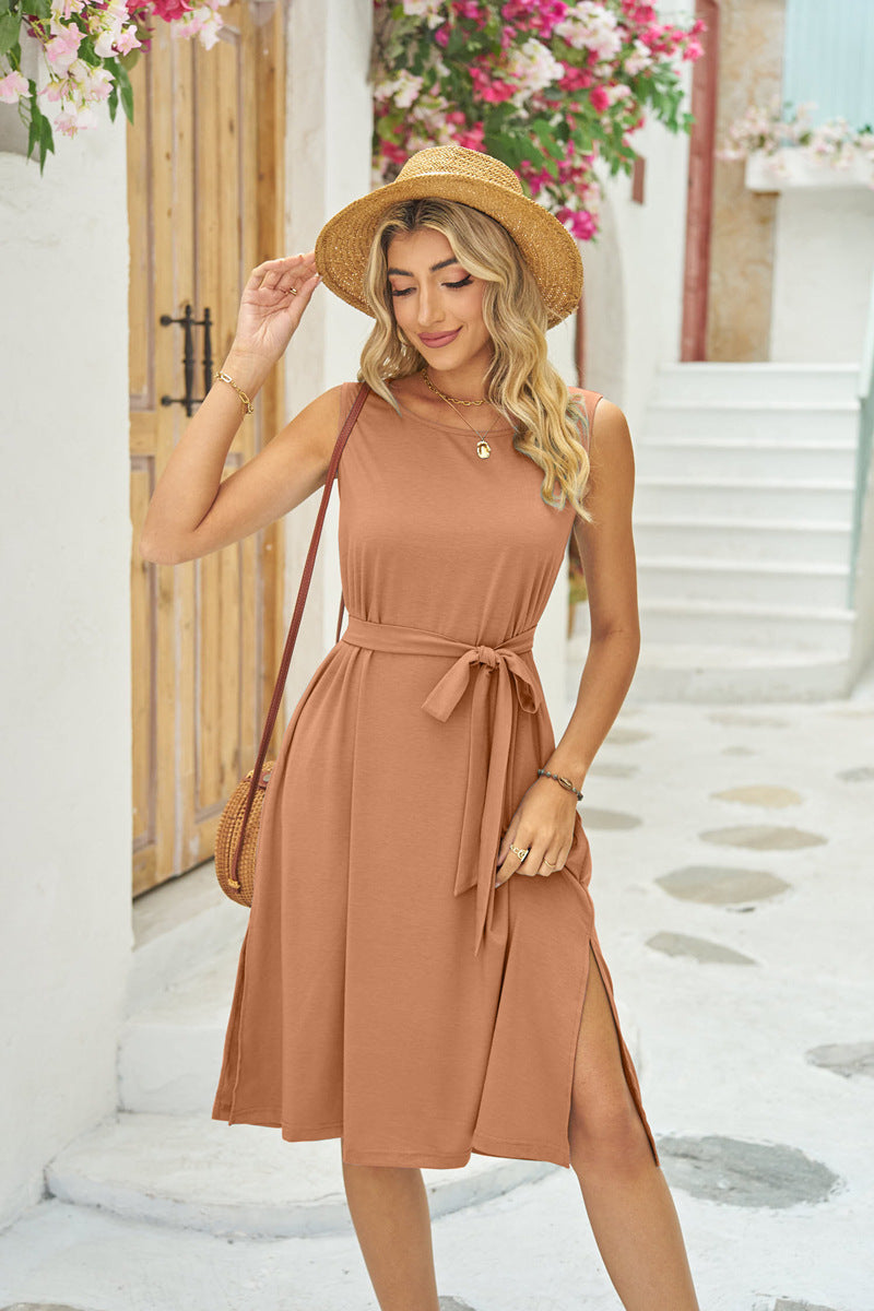 Summer Sleeveless Dress With Pockets Waist Lace-up Slits Dresses