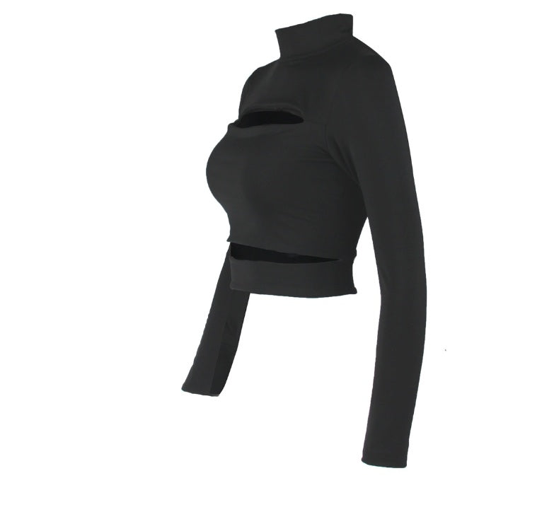 Sexy Hollow Cross-border Long-sleeved High-necked Blouses Short Top