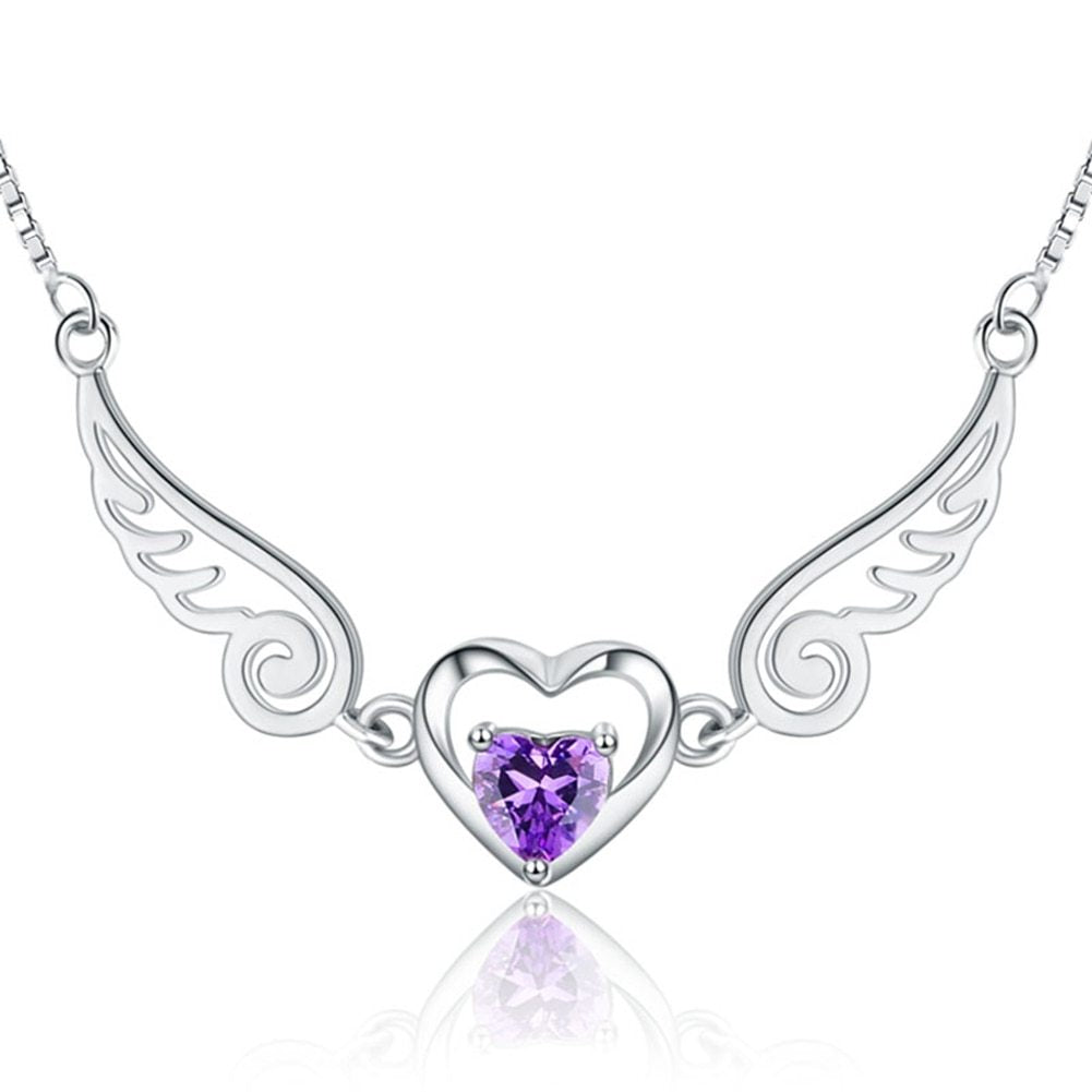 Heartfelt Angel Wings Necklace – Purple Crystal Heart Pendant in Sterling Silver 925