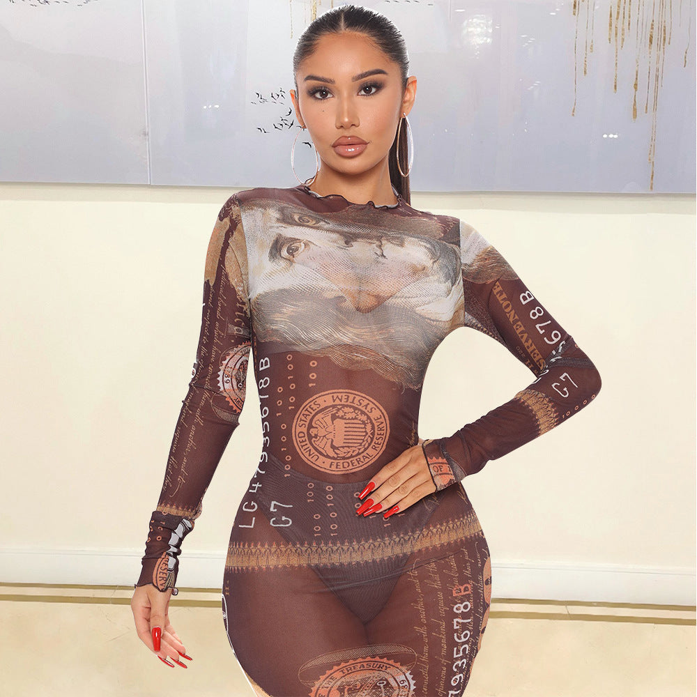 Mesh See-Through Long-Sleeved Dress