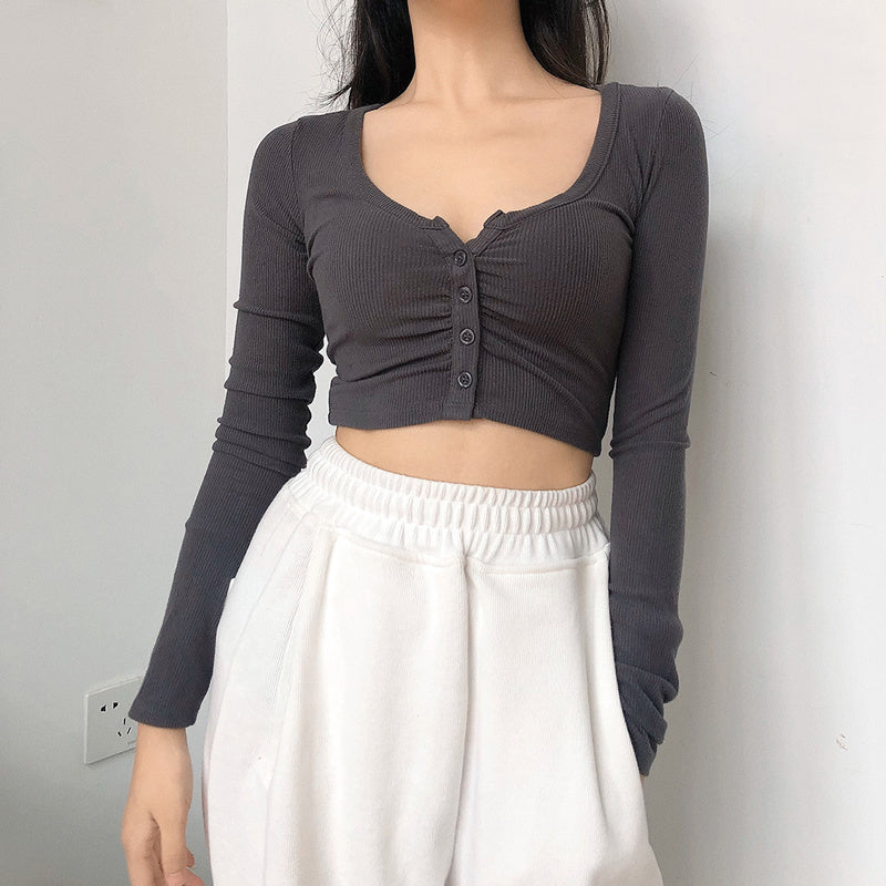 Autumn Pullover Round Neck Long-sleeved Single-breasted Women's Umbilical T-shirt