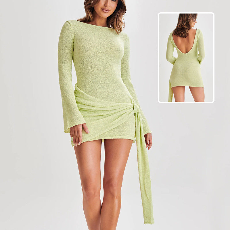Fashion Slim Long-sleeved Dress Sexy Hip-hugging V-shaped Backless Short Dresses Womens Clothing