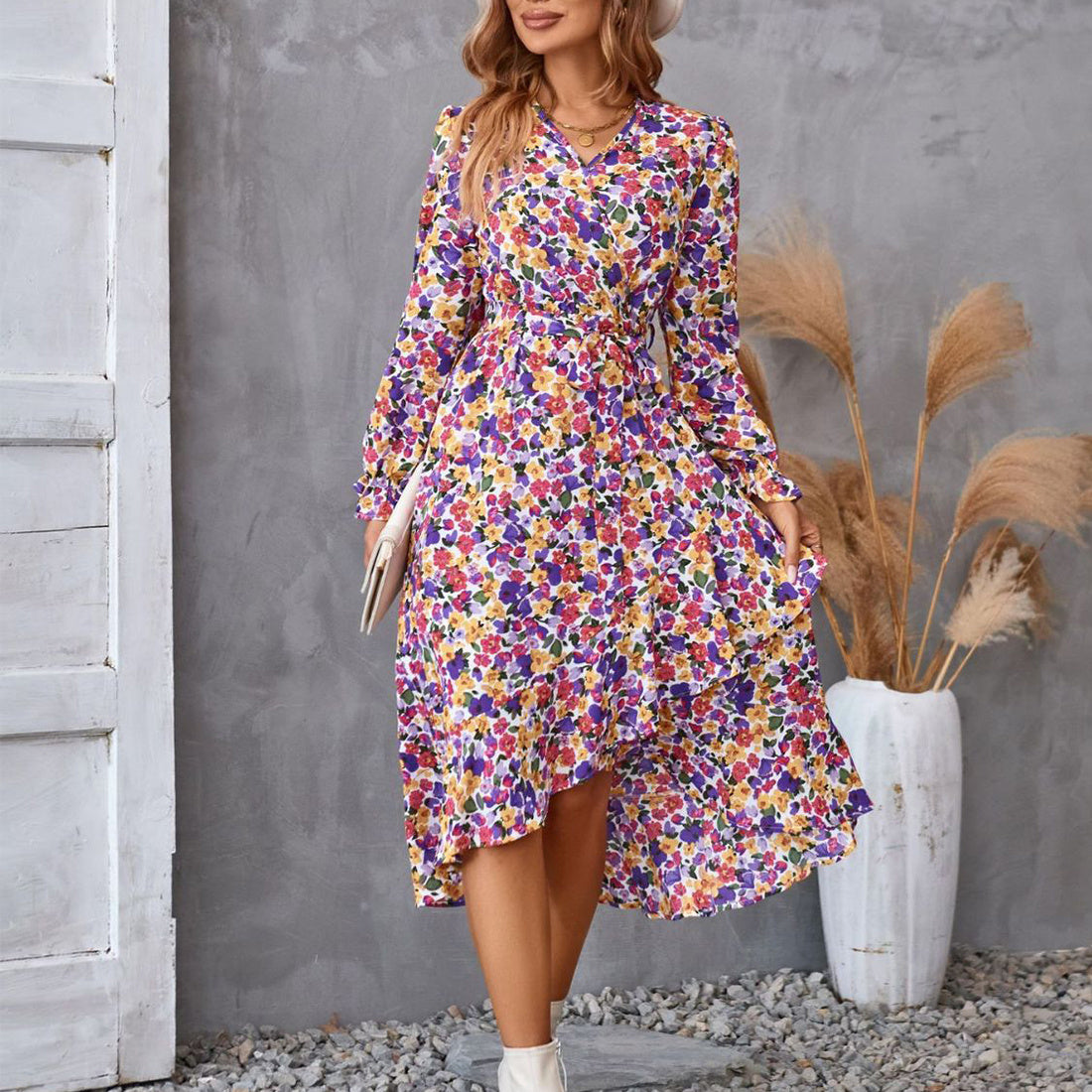 Flowers Print Long Sleeve Dress Fashion Ruffled Dresses Womens Clothing