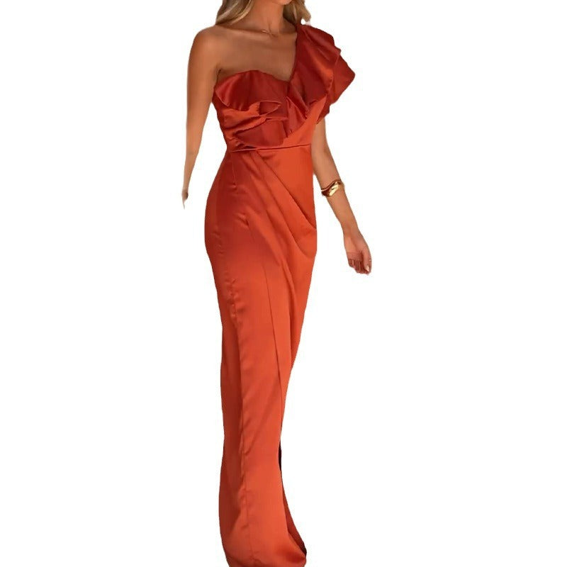 Cross Border Amazon Cross-border Pure Color Ruffles High Waist Crimp Split Dress