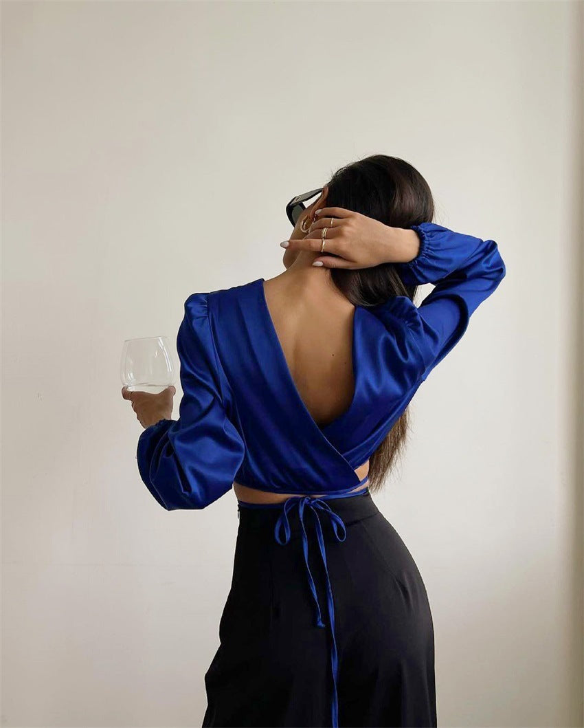Lace-up Backless  Long-sleeved Tops