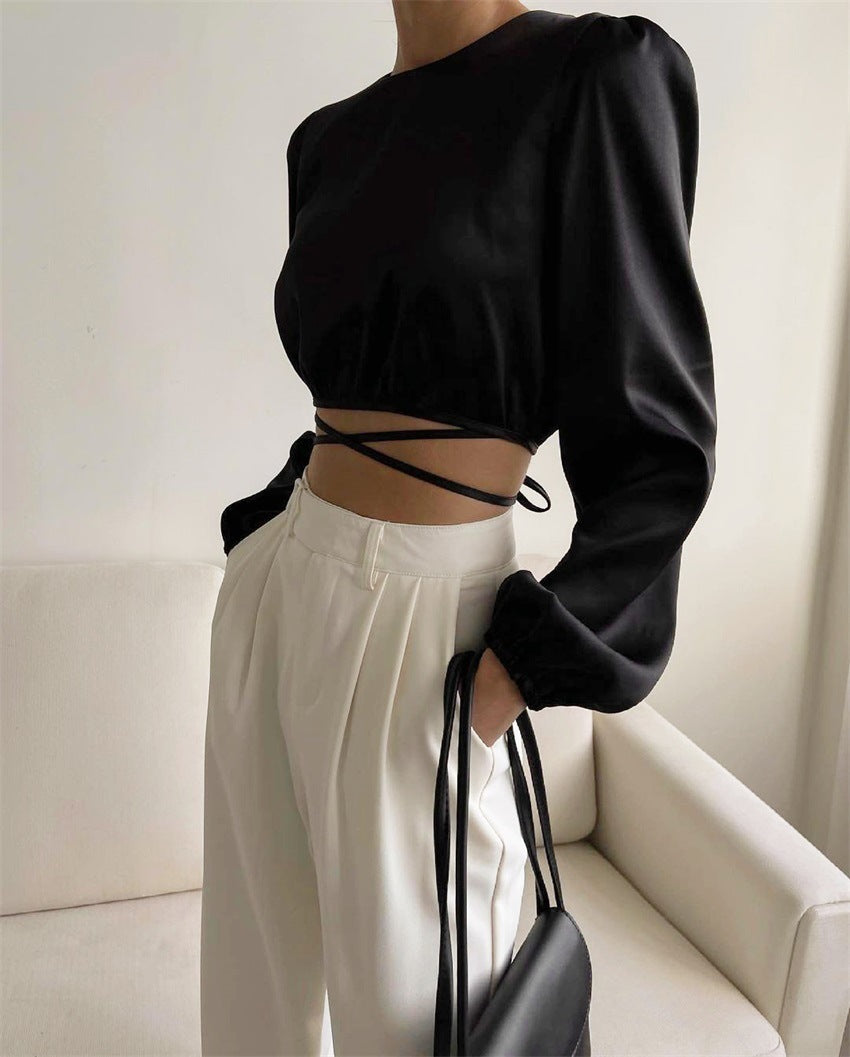 Lace-up Backless  Long-sleeved Tops