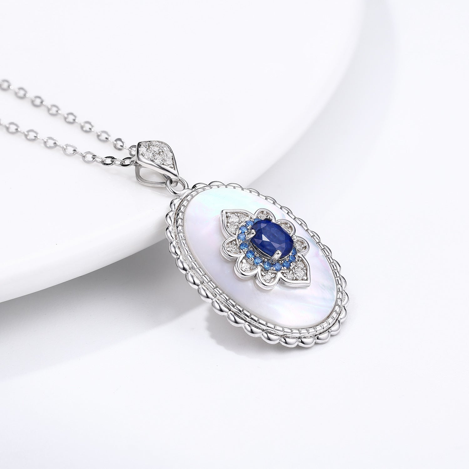 Graceful 925 Silver Pendant Necklace Featuring Sapphire and Diamond Accents for Women