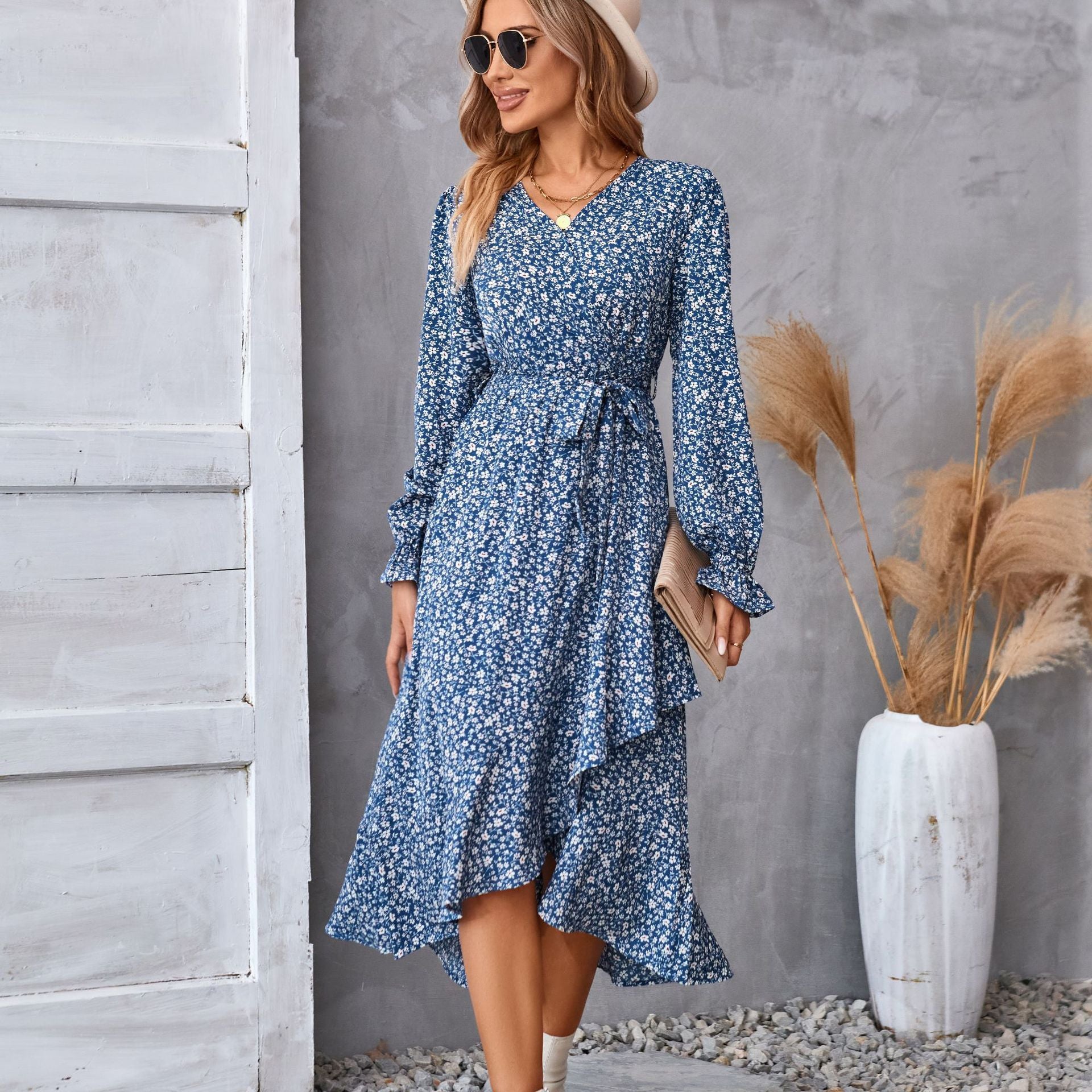 Flowers Print Long Sleeve Dress Fashion Ruffled Dresses Womens Clothing