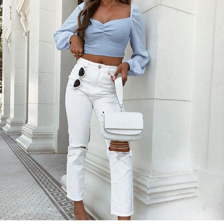 Sexy Light Blue Seersucker V-Neck T-Shirt Long Sleeve Blouse