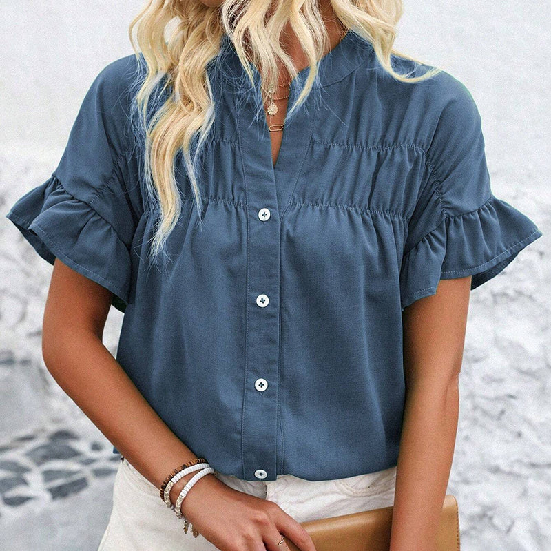 Short Sleeve Button Down Shirts Dressy Casual V Neck Business Work Blouses