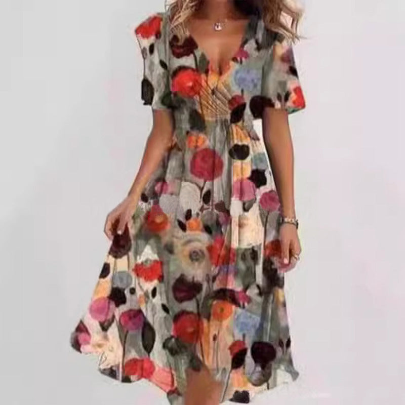 Flowers Printed V-neck Dress Summer A-line Short-sleeved Dresses