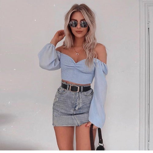 Sexy Light Blue Seersucker V-Neck T-Shirt Long Sleeve Blouse