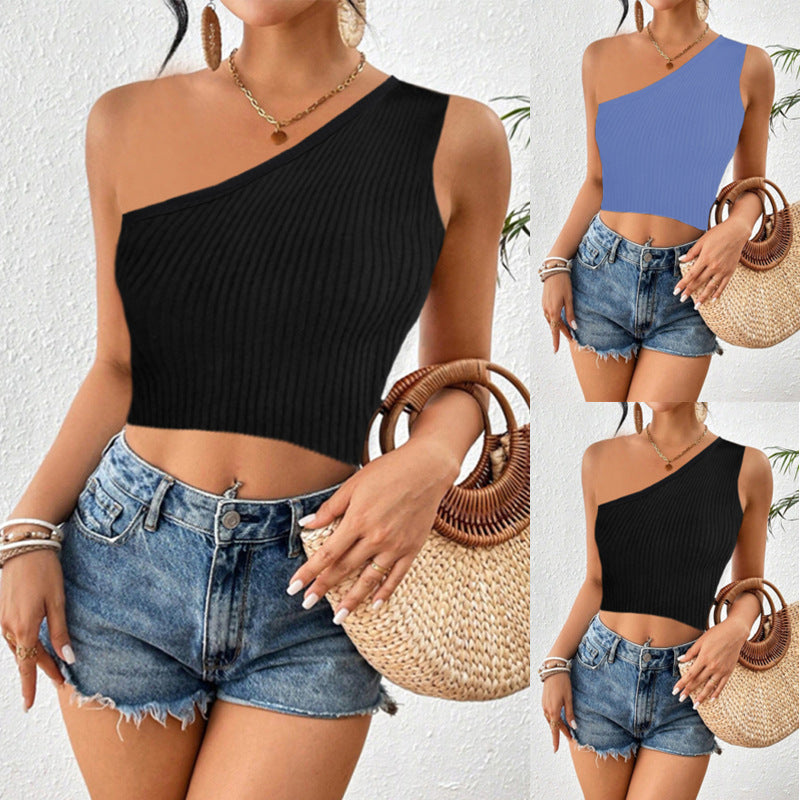 Women's Cropped One-shoulder Diagonal Collar Knitted Vest