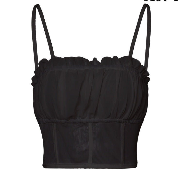 summer popular mesh sling vest female cross-border sizzling explosion splicing wooden ear micro-transparent top