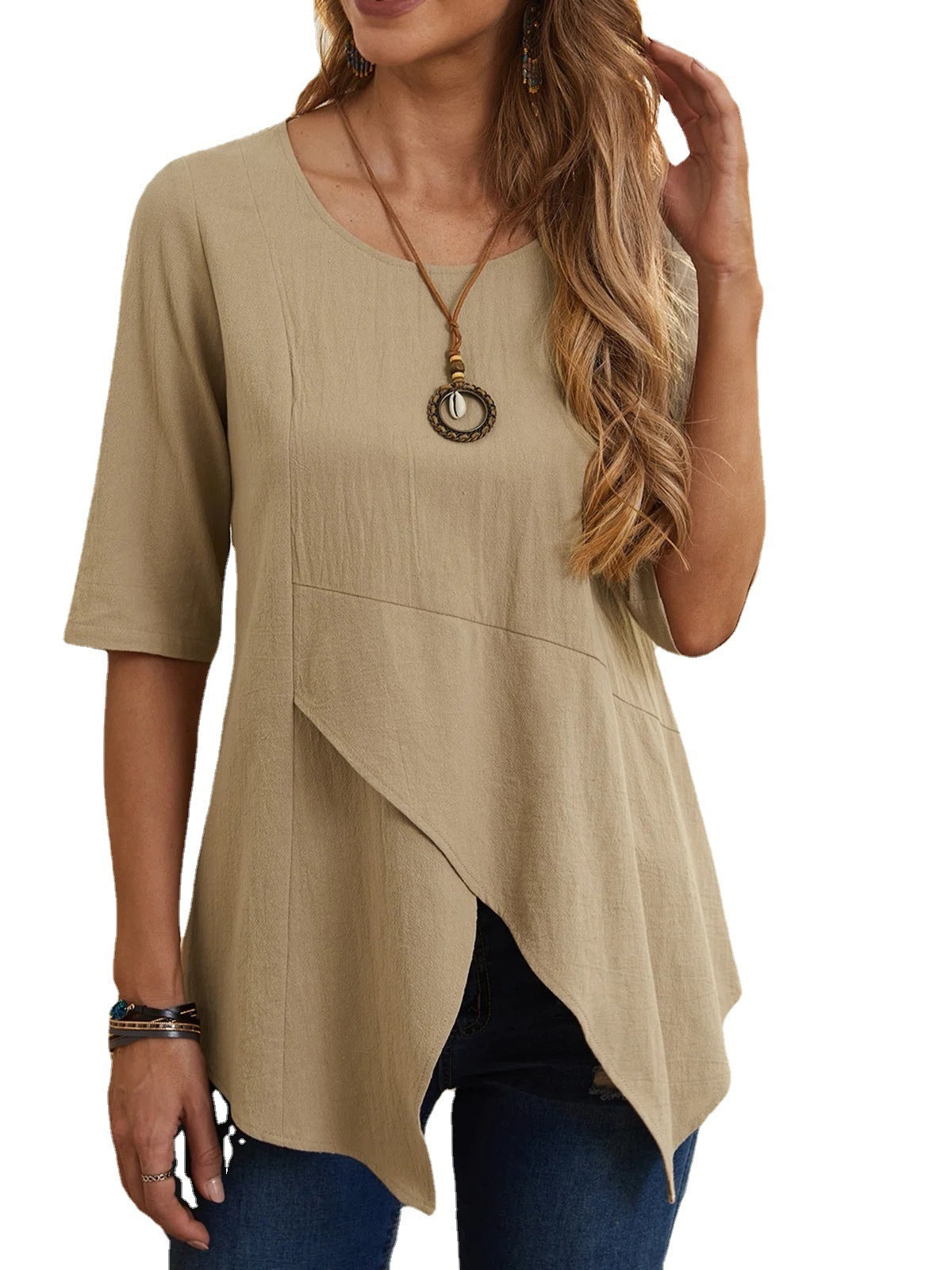 Irregular Pullover Round Neck Slim Cotton And Linen T-shirt