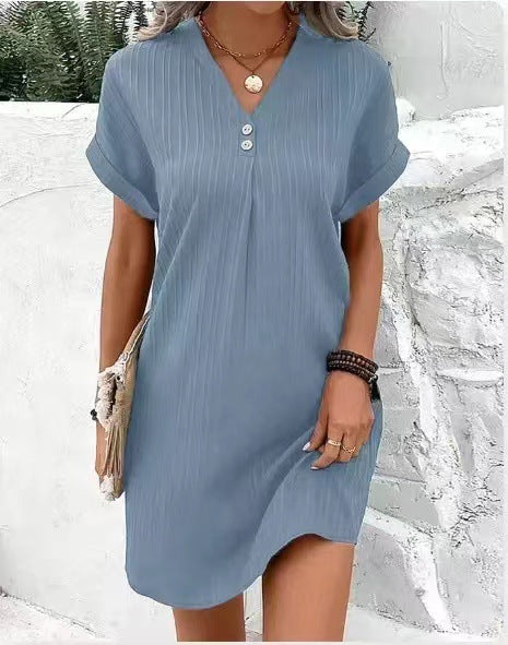 Fashion V-neck Short-sleeved Dress Casual Solid Strip Button Dresses