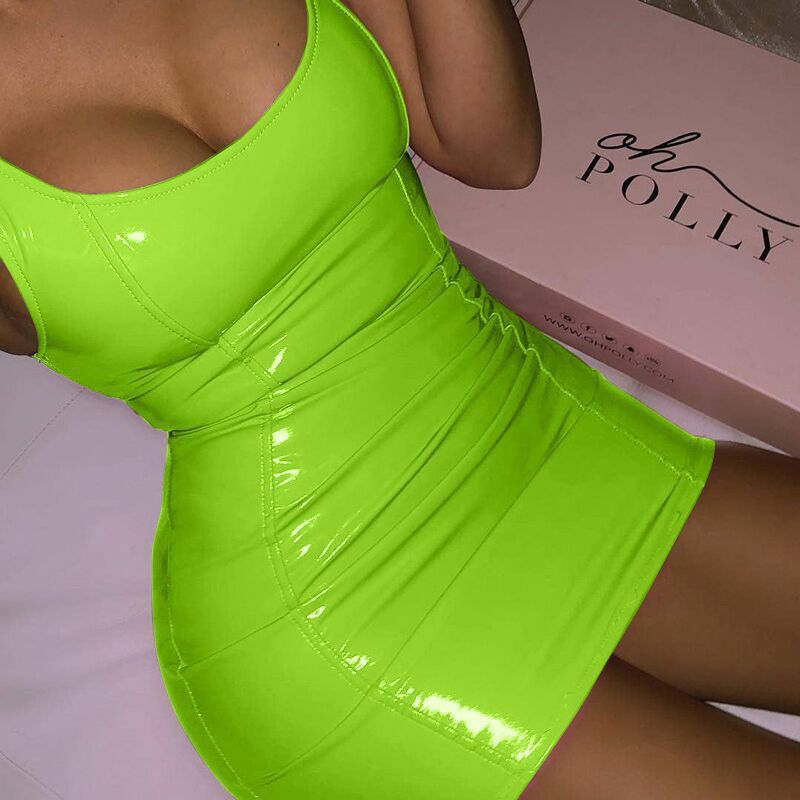 Solid Color Sling Dress Female Sexy Tight Leather Hip Skirt Party Dresses