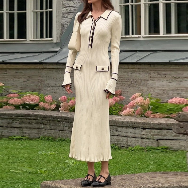 Trumpet-sleeved Knitted Fashion Button Dresses Fall Winter Women's Clothing