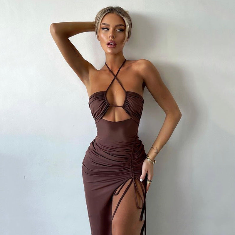 Sexy Halterneck Lace-up Split Dress For Womens