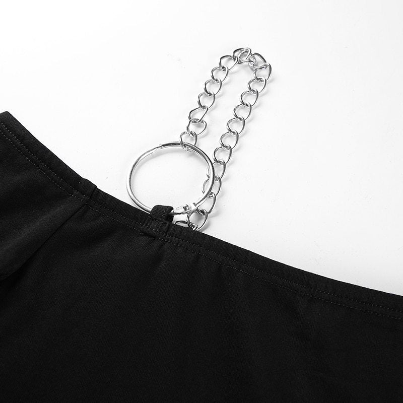 Metal chain sexy word shoulder umbilical short top