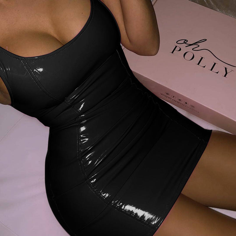 Solid Color Sling Dress Female Sexy Tight Leather Hip Skirt Party Dresses