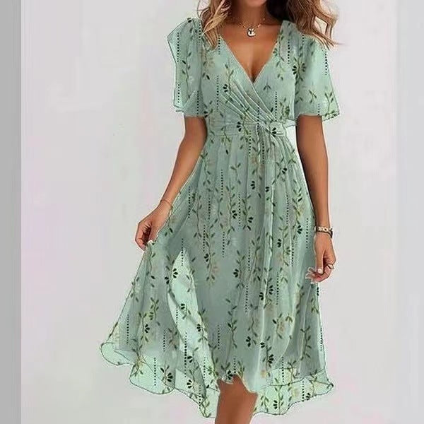 Chiffon Printed Short Sleeve V-neck Dresses
