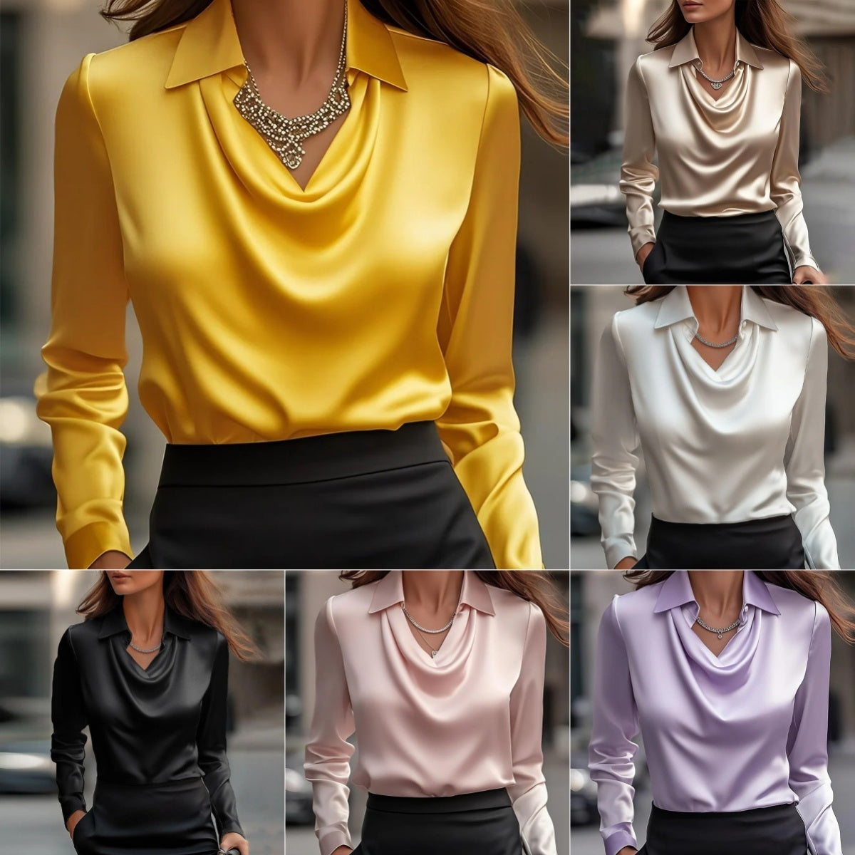 Elegant Solid Satin Office Ladies Top Pullover Spring Long Sleeve Casual Tops