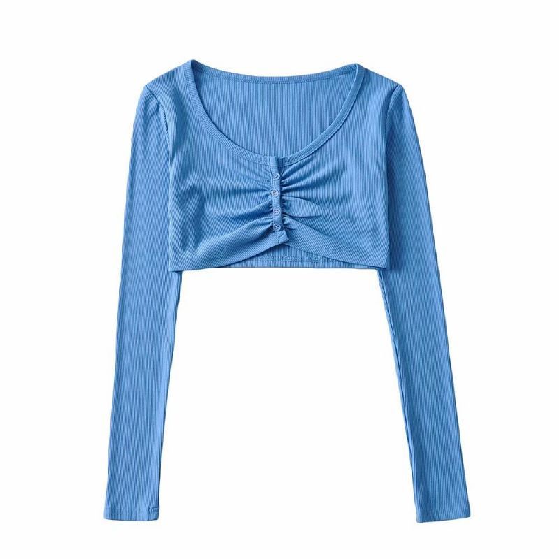 Autumn Pullover Round Neck Long-sleeved Single-breasted Women's Umbilical T-shirt