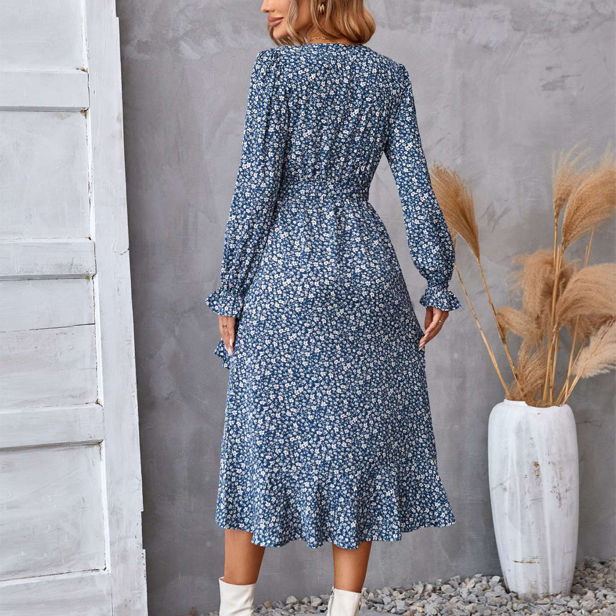Flowers Print Long Sleeve Dress Fashion Ruffled Dresses Womens Clothing