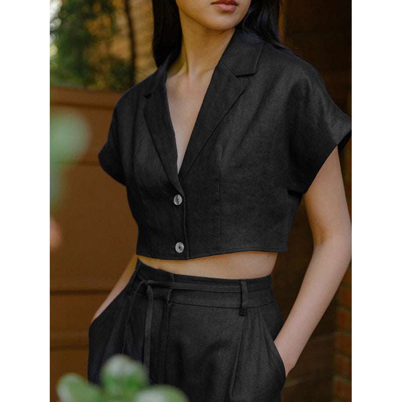 Linen Short Sleeved Suit Collar Shirt