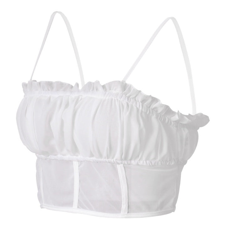 summer popular mesh sling vest female cross-border sizzling explosion splicing wooden ear micro-transparent top