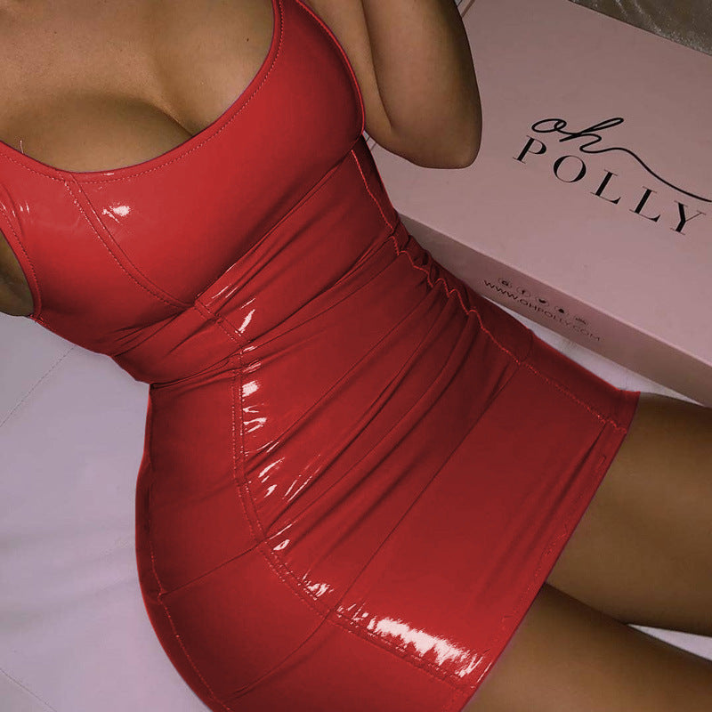 Solid Color Sling Dress Female Sexy Tight Leather Hip Skirt Party Dresses