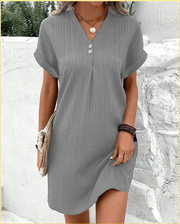 Fashion V-neck Short-sleeved Dress Casual Solid Strip Button Dresses