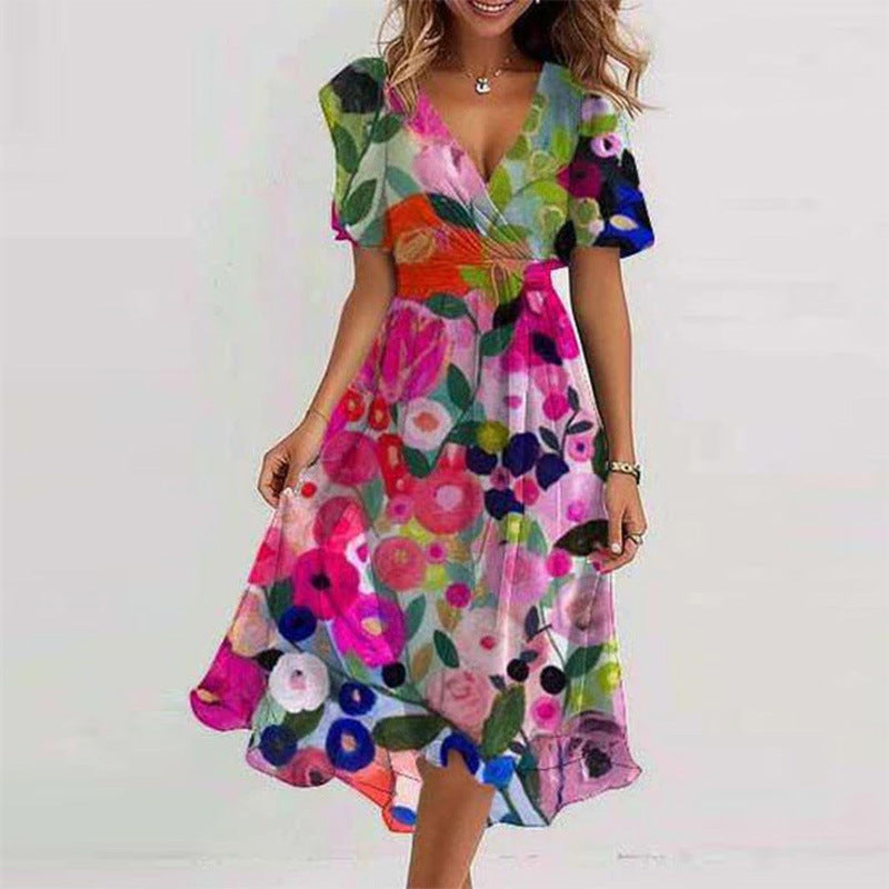 Flowers Printed V-neck Dress Summer A-line Short-sleeved Dresses