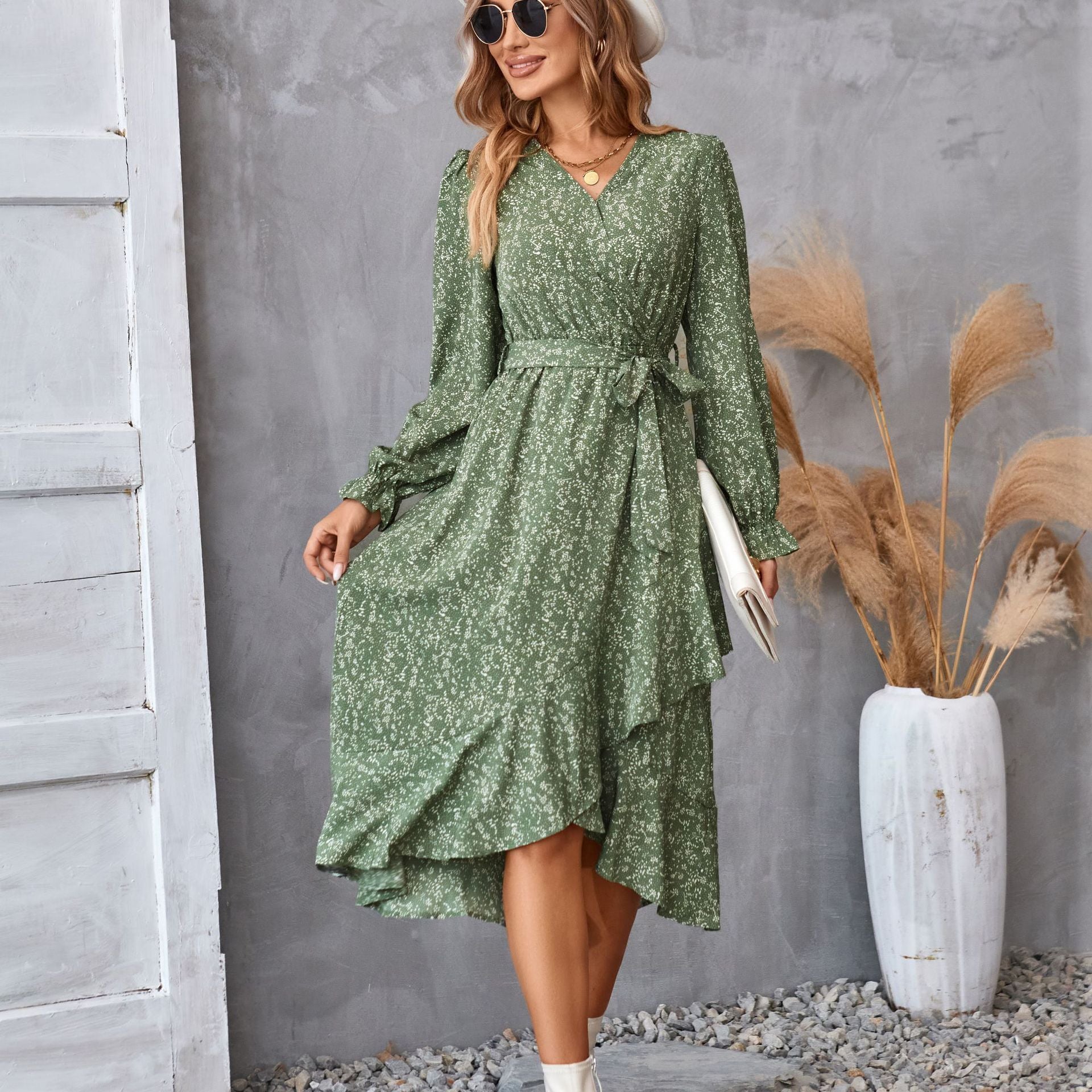 Flowers Print Long Sleeve Dress Fashion Ruffled Dresses Womens Clothing