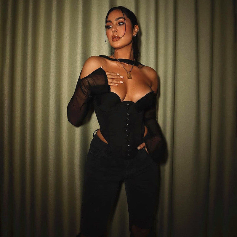 Cutout Long Sleeve Top Fashion Mesh T-Shirt