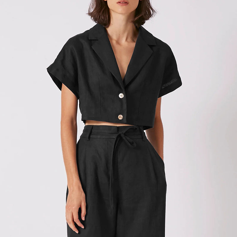 Linen Short Sleeved Suit Collar Shirt