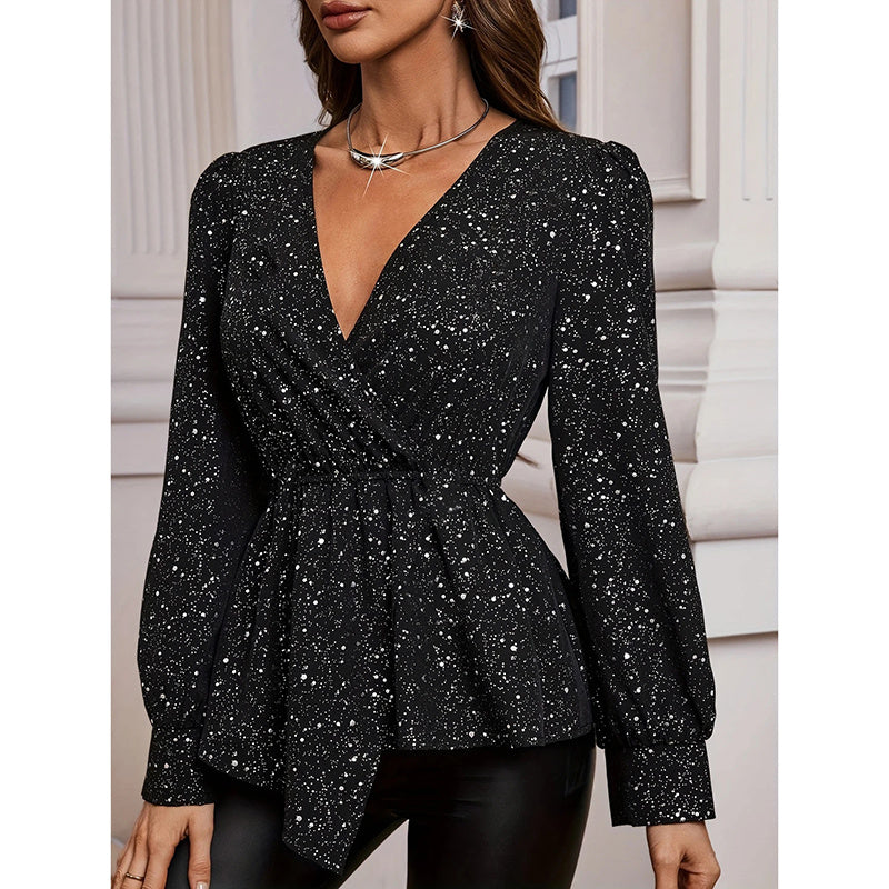 Shiny Long Sleeve Ruched Asymmetrical Hem Sparkle Blouses Cocktail Party Evening Shirts