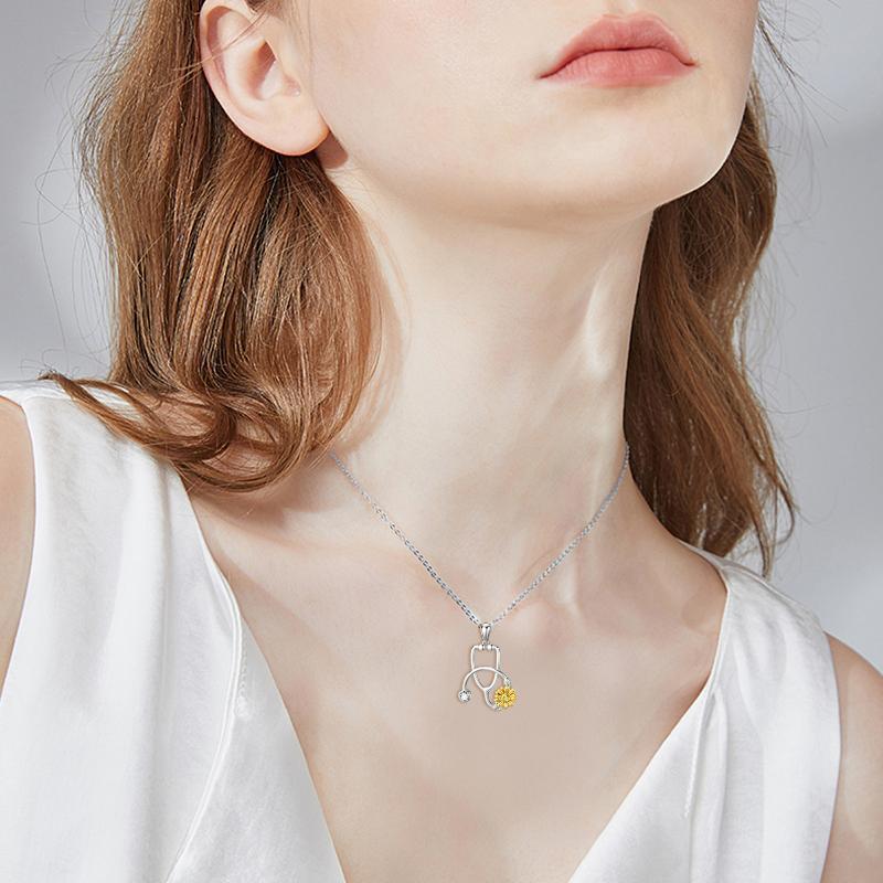 Sterling Silver (925) Medical Necklace with Sunflower Stethoscope Pendant – For Doctors, Nurses & Students
