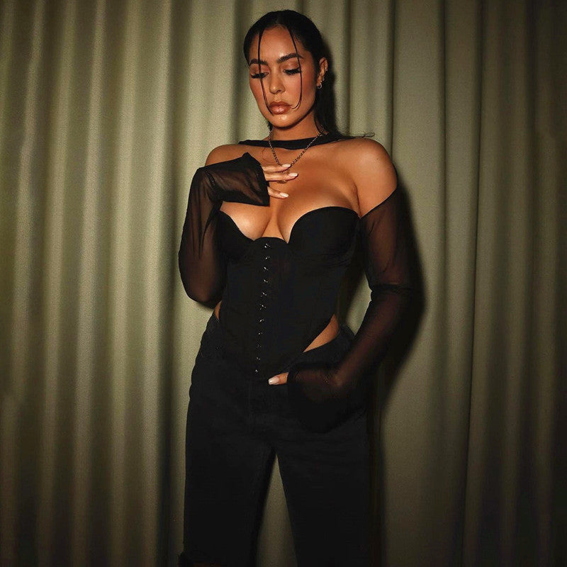 Cutout Long Sleeve Top Fashion Mesh T-Shirt