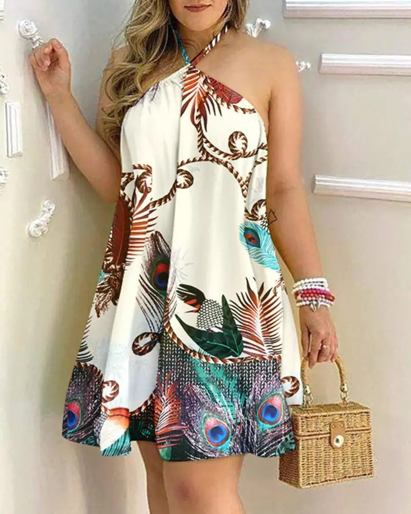 Chic Summer Printed Halter Dress – Off-Shoulder Elegance