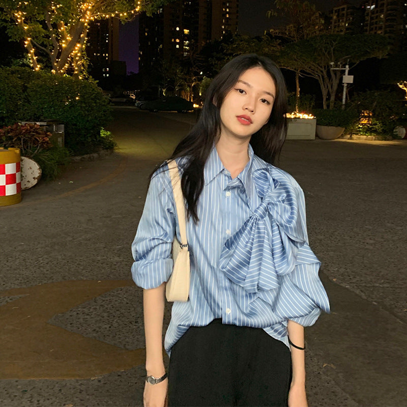 Casual Blue Striped Shirts For Women Lapel Long Sleeve Blouses