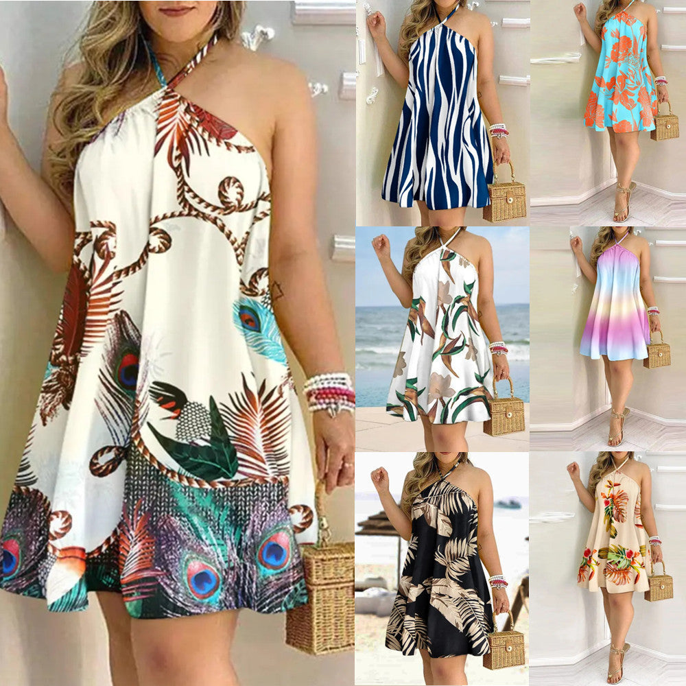 Chic Summer Printed Halter Dress – Off-Shoulder Elegance