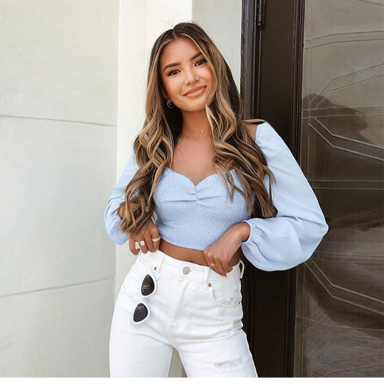 Sexy Light Blue Seersucker V-Neck T-Shirt Long Sleeve Blouse